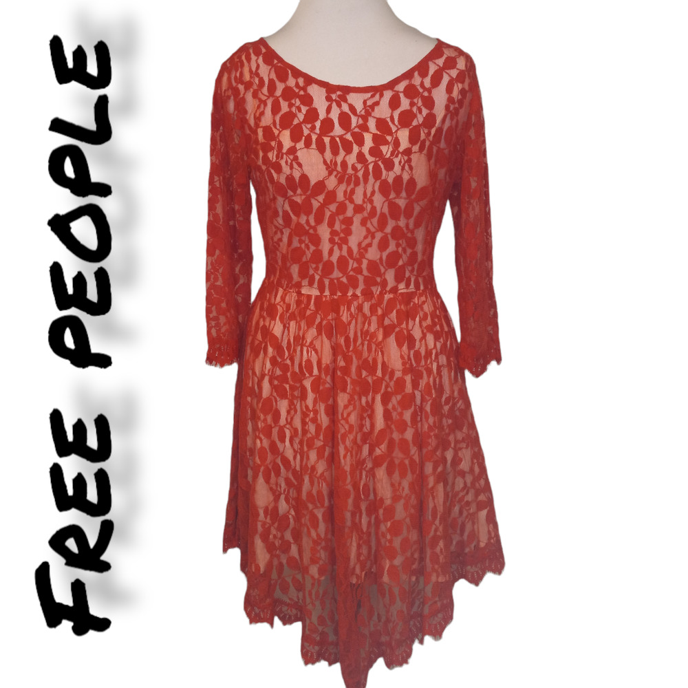 Free People Women Red Floral Lace Round Neck Long Sleeve Fit & Flare Dress Sz 8